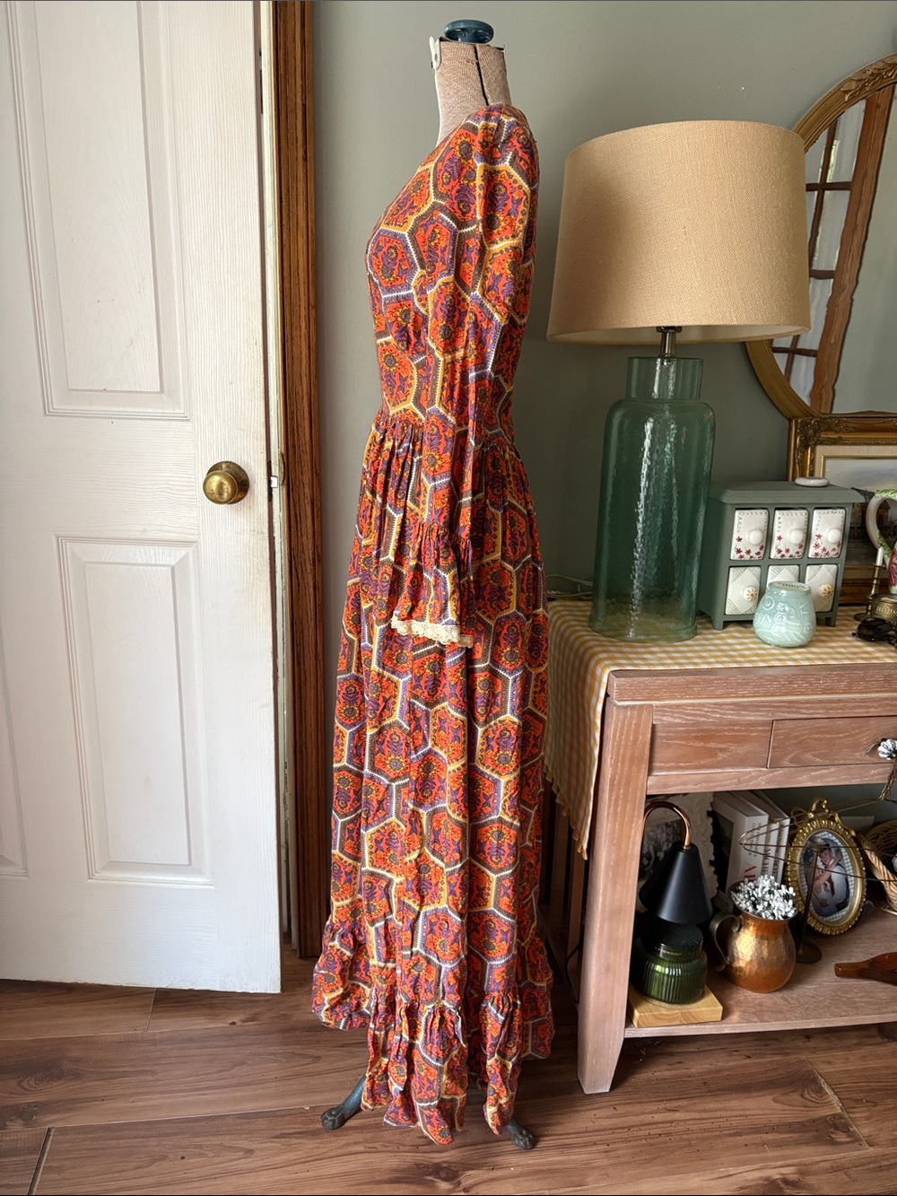 Vintage 60s/70s Orange Multi Hexagon Print Maxi Dress - Picture 4 of 6
